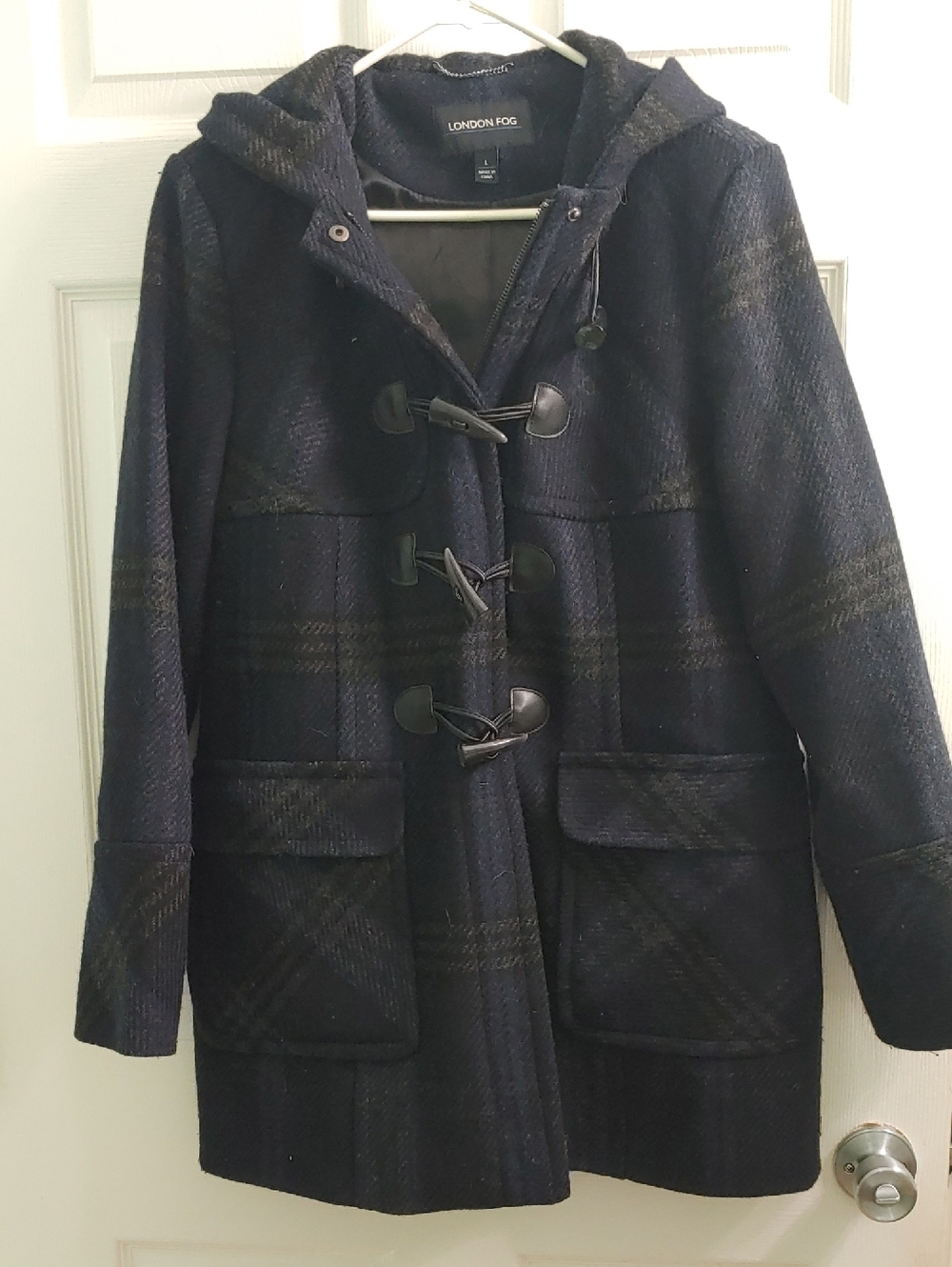 London Fog Duffle Coat Women's Navy Plaid Hooded Pea Coat Size L